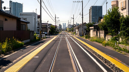 Obraz premium Straight Road Through Residential Area With Yellow Lines Under Bright Daylight Sky And Buildings