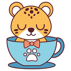 Cartoon Leopard in a Blue Cup with a Bow Tie and Paw Print Design, Cute Style