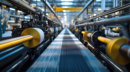 A textile production line with automatic machines weaving fabric, cutting, and packaging finished textiles in an industrial environment