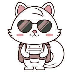 Cute White Fox with Sunglasses Holding Coffee Cup and Wearing Backpack