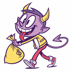 Mischievous Cartoon Devil Carrying a Money Bag