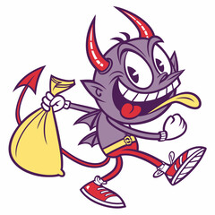 Mischievous Cartoon Devil Running with Loot Bag, Retro Style Illustration