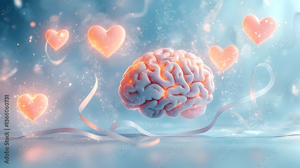 Canvas Prints a soft pastel background with glowing floating hearts, minimal ribbons and abstract brain outlines s