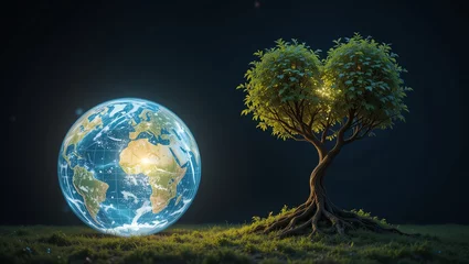 A surreal representation of Earth and a heart-shaped tree, symbolizing nature and the interconnectedness of our planet.