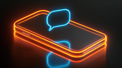 Neon orange smartphone with a blue speech bubble, showcasing modern communication technology, symbolizing connectivity and digital interaction