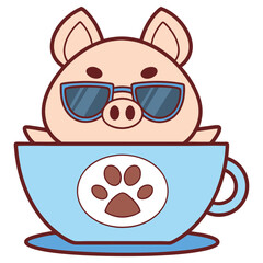 Cute Pig with Sunglasses in Blue Cup Cartoon Character Isolated on White