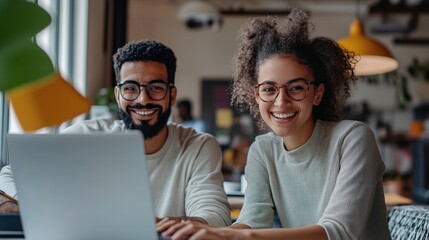 Productive collaboration. Smiling friendly business team two young diverse multiethnic office employees work on project together using notebook pc at workplace engaged in job discuss successful ideas