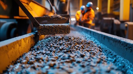 A close-up of a concrete batching plant mixing raw materials for the production of concrete, with workers overseeing the process
