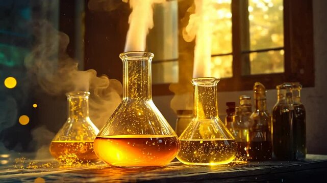 Glowing golden liquid in glass flasks, magical potion