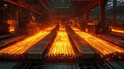 Obraz premium A factory floor with large machines producing steel rods and bars, essential for construction projects, with workers operating the equipment