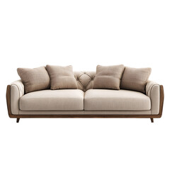 Fototapeta premium A modern beige sofa with wooden accents and a tufted back.