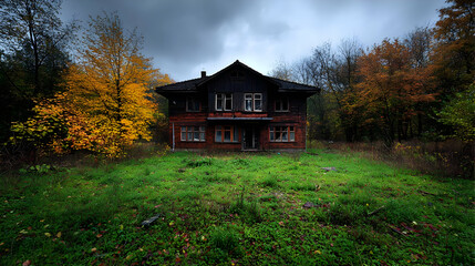 Dilapidated Wooden House Surrounded by Autumn Foliage in a Dark Forest with Overcast Skies