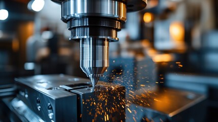 A close-up of a precision tool being manufactured, with workers using CNC machines and metalworking techniques for tool production