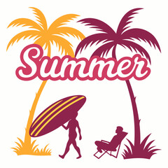 Summer Vacation: Surfer Walking with Surfboard near Palm Trees