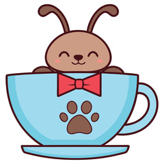 Cartoon Cute Dog in Blue Cup with Bow Tie and Paw Print, isolated on white