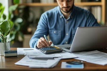 Man engaged in financial or administrative work seated at table at home office, using calculator, pay bills through e-banking system on laptop, review documents, busy in personal finances management