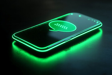 Smartphone with green neon glow, displaying a glowing green speech bubble icon, representing communication, technology, and modern digital interaction