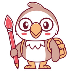 Cartoon Owl with Glasses, Backpack Holding Brush in Hand on White Background