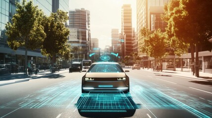 An AI powered autonomous vehicle navigating a futuristic city street in real time, advanced car with built-in AI and sensors, Automotive technology style