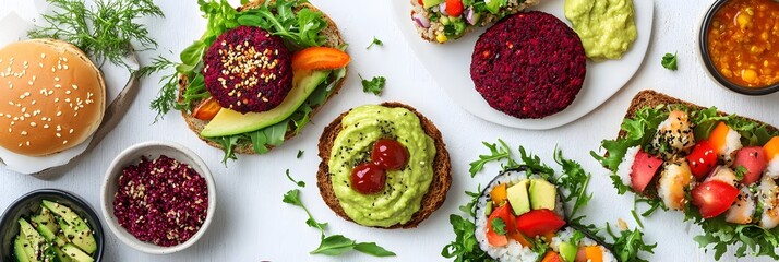 A beautifully arranged platter of plant-based foods, including vibrant veggie burgers with beetroot patties, creamy avocado toast with microgreens, colorful quinoa salads.