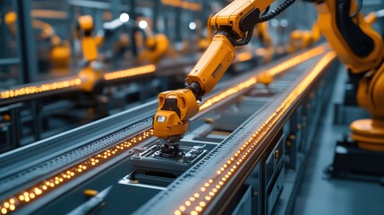 A close-up of a robotic arm performing a precise task on an assembly line, highlighting the automation in industrial robotics