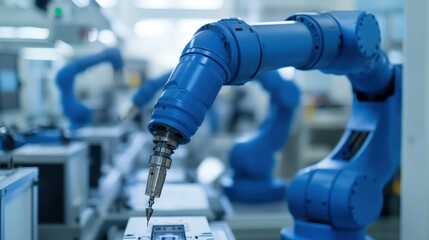 A high-tech robotics lab where engineers are programming robots to perform tasks, with machines testing and optimizing robot performance