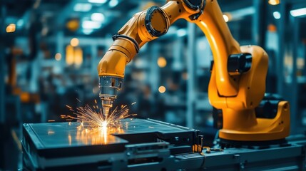 A cutting-edge robotic arm performing complex tasks like welding, painting, and assembly in a high-tech manufacturing environment