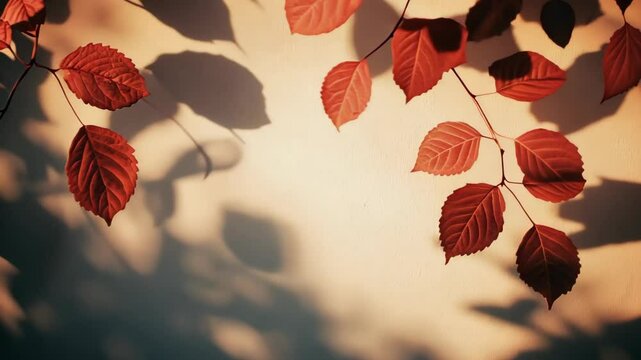 Beautiful autumn leaves casting shadows on a light wall during golden hour in a tranquil outdoor setting