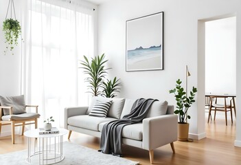 A gray sofa with a blanket and a striped pillow in a living room with plants and a painting on the wall.