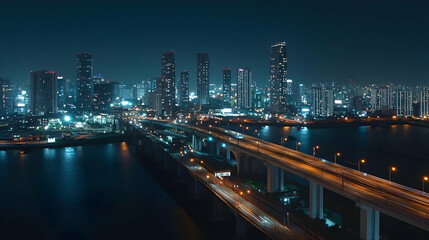 Nighttime Cityscape View Illuminated Buildings Bridge and Flowing River with Dark Sky Above
