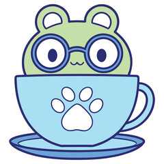 Cartoonish Green Frog with Glasses Sitting in Blue Cup Paw Print Design