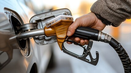 Man fueling car at gas station, sunset background; transportation, energy