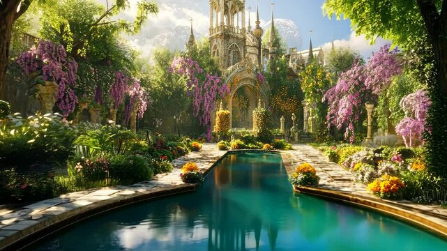 Stunning garden with a tranquil pool surrounded by vibrant flowers and a majestic castle in the background