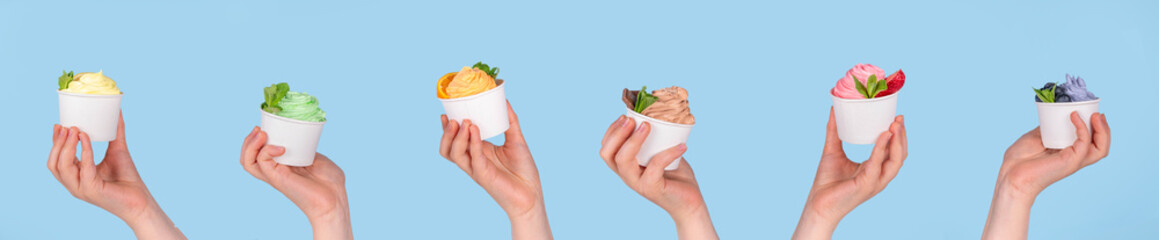 Frozen yogurt assortment. Soft creamy ice cream with chocolate, vanilla, berry, fruit flavors....
