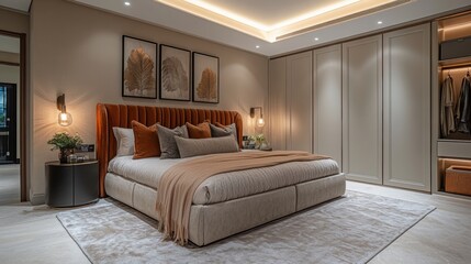 A luxurious bedroom with a plush velvet bedframe, elegant wall art, soft lighting, and a spacious wardrobe creating a tranquil retreat