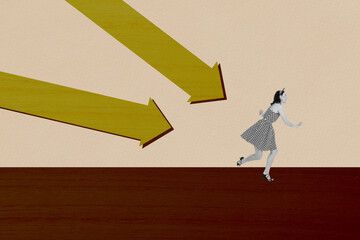 Creative sketch art collage of happy businesswoman run arrow decline statistics pointer bankruptcy...