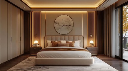 A luxurious bedroom with a plush velvet bedframe, elegant wall art, soft lighting, and a spacious wardrobe creating a tranquil retreat