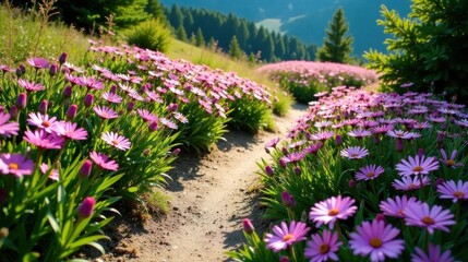 Fototapeta premium A sunlit path meanders through vibrant rows of blossoming purple flowers, creating a picturesque scene of natural beauty.