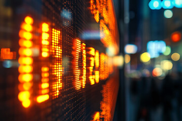 Close-up of an orange LED display at night, showing blurred numbers.  Represents dynamism, information, and urban nightlife.  Perfect for technology or finance concepts.