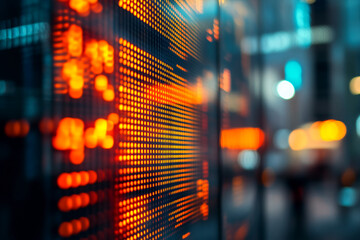 Fototapeta premium Close-up of an orange LED display at night, showing illuminated dots creating a grid pattern, showcasing technological advancement and urban dynamism