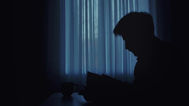 Silhouette of a Man Reading by a Window with Curtains