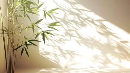Obraz premium Serene bamboo backdrop casting delicate shadows on a smooth wall.