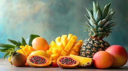 An assortment of tropical fruit, including pineapple, mango, and papaya, beautifully arranged on a light wooden surface, complemented by soft, diffused lighting and space for captions.