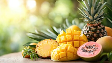 An assortment of tropical fruits with pineapple, mango, and papaya is beautifully arranged on a light wooden surface, complemented by soft, diffused lighting and space for captions.