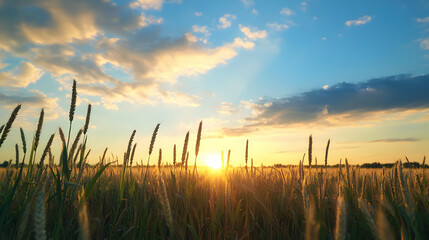 Fototapeta premium Golden Sunset Over Wheat Field With Blue Sky And Sunbeams In Warm Summer Evening
