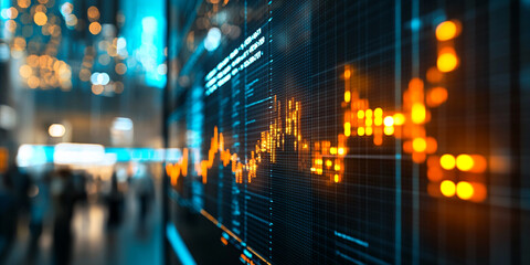Close-up of a digital display showing stock market data, orange and blue illuminated graph lines on dark background, symbolizing financial growth and technological advancement
