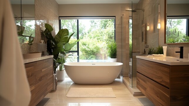 A luxurious modern bathroom with a freestanding bathtub, glass shower enclosure, and sleek vanity, all in a light and airy space with natural stone accents