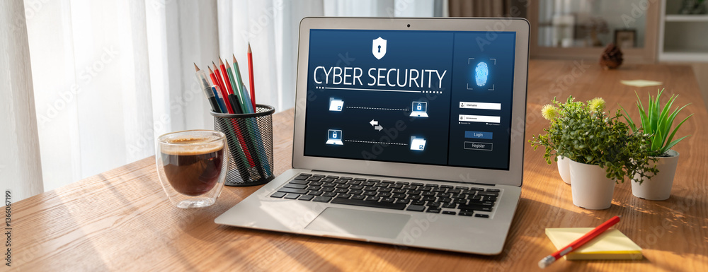 Poster cyber security system on computer screen protect private information snugly from hacker and cyber at