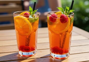 Two tall glasses filled with orange cocktails garnished with fruit and mint on a wooden table outside