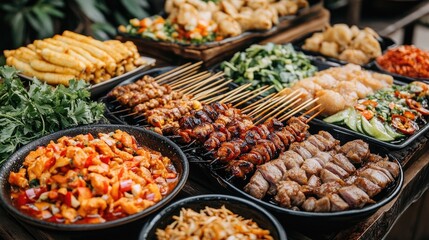 Fototapeta premium An array of Thai street food, including skewers, grilled meats, and spicy salads, showcasing a vibrant table ready to be enjoyed.